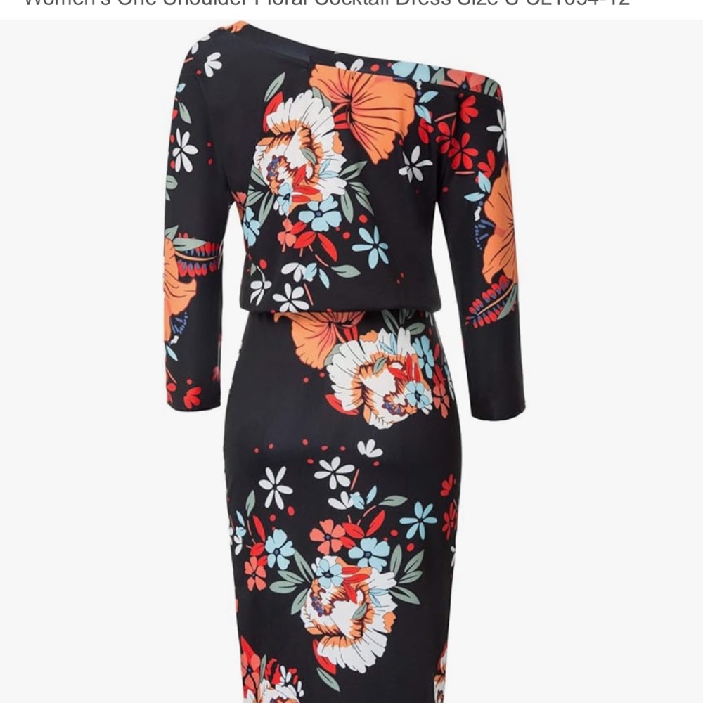 One-Shoulder Floral Cocktail Dress - Black with Orange & Blue Flowers